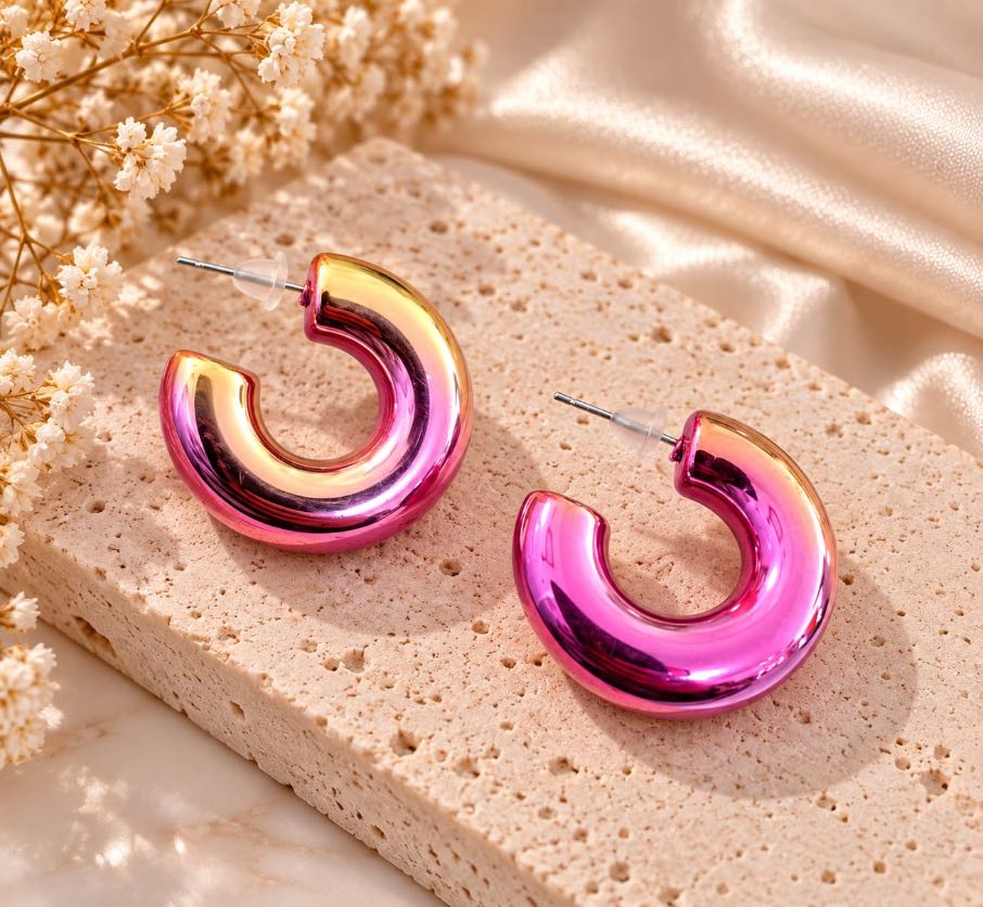 ARETES MEDIO CIRCULO TORNASOL ROSA