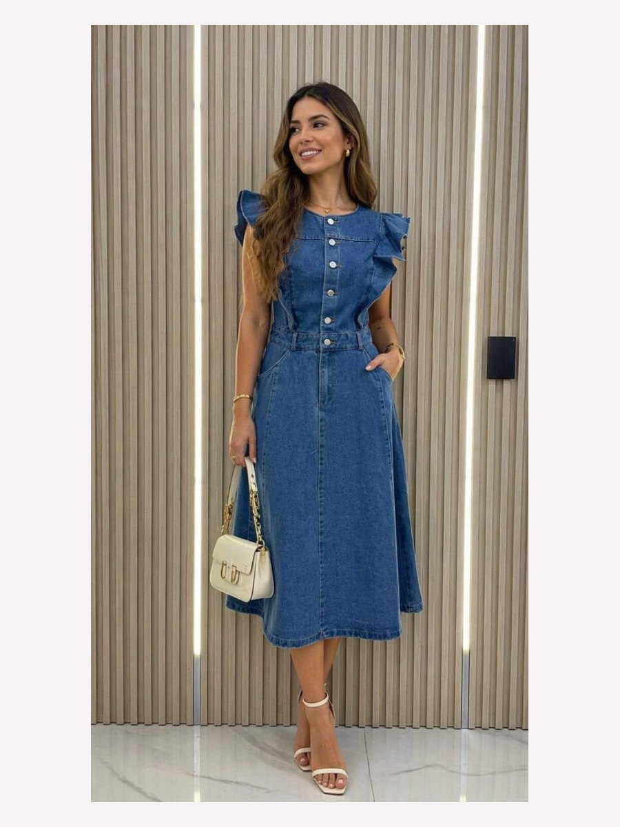 VESTIDO MEZCLILLA, MANGA HOLANES CON BOTONES